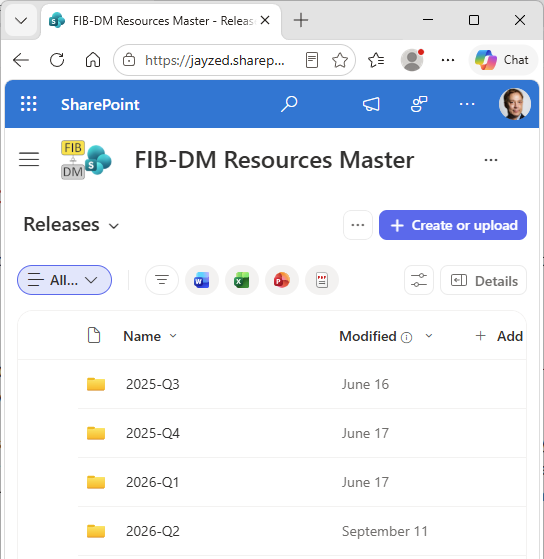 A creenshot of the FIB-DM Resource Master SharePoint's Releases library.
