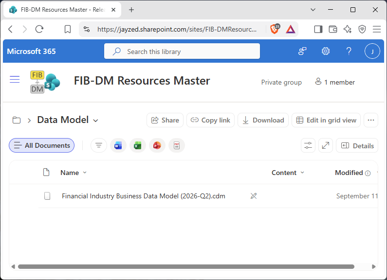A screenshot of the Data Model folder of the releases library on the FIB-DM SharePoint.