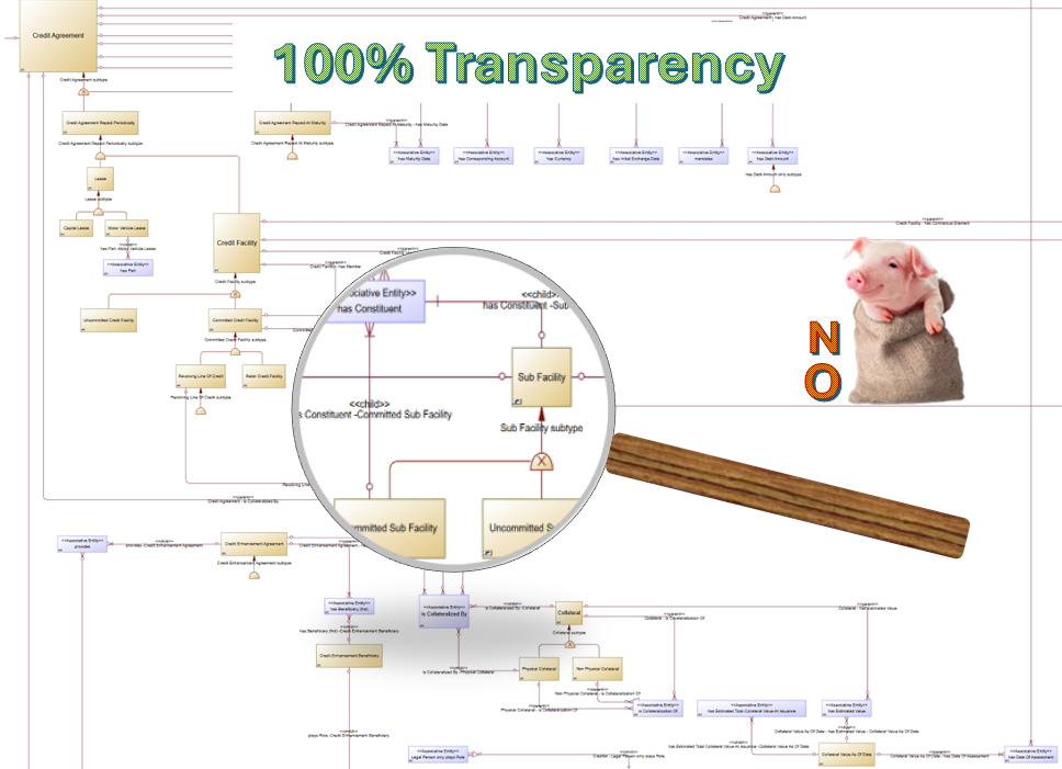 FIB-DM Facility diagram with a magnifier and a pig in a poke to illustrate transparency