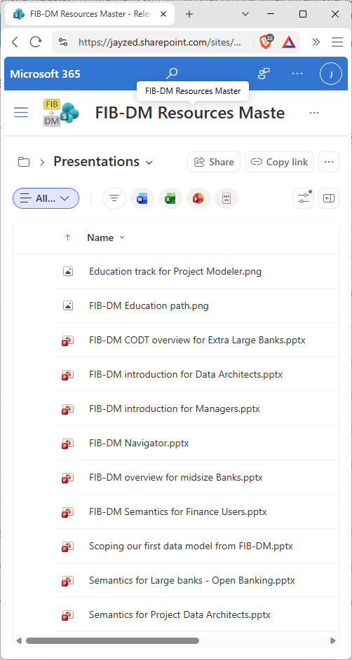 A screenshot of the Presentations folder in the Releases library on the FIB-DM Resources SharePoint