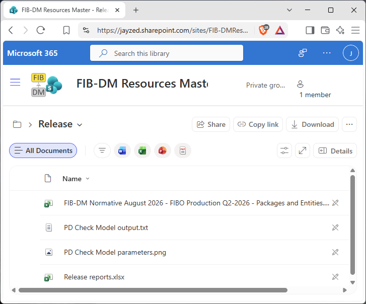 A screenshot of the Release reports folder in the Releases library on the FIB-Dm Resources SharePoint.