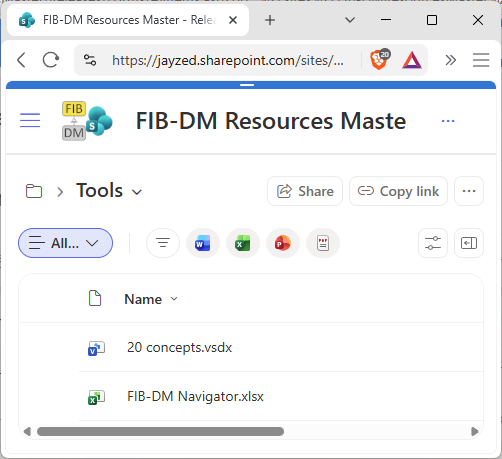A screenshot of the Tools folder in the Releases library on the FIB-DM Resources SharePoint.